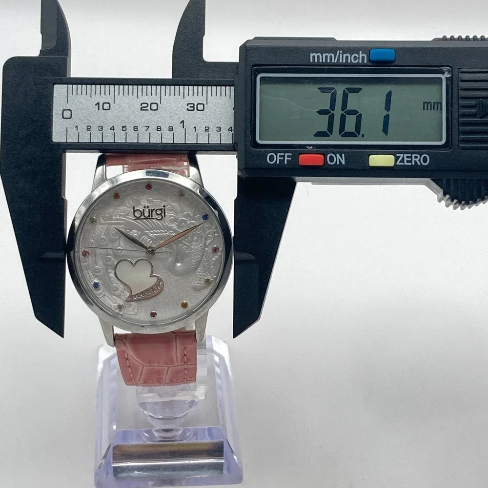 Burgi Women's Watch 36mm Silver Tone MOP Peacock Rainbow Crystals New Battery